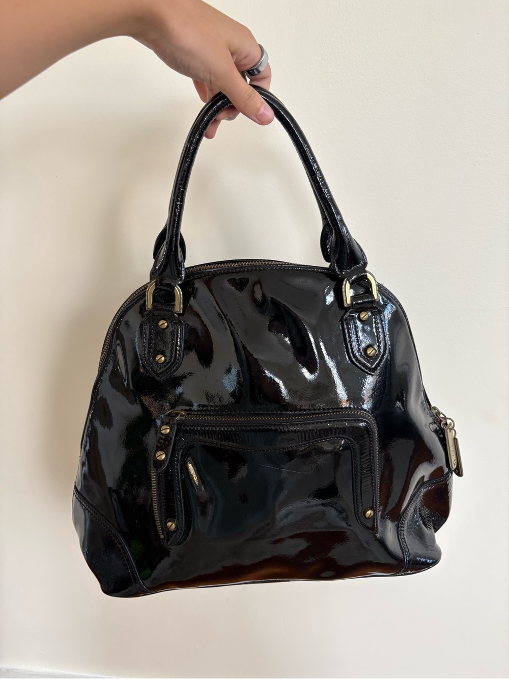 Cole Haan Black Patent Leather Satchel with Gold Hardware